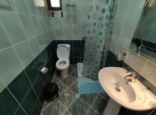 uma casa de banho com um lavatório e um WC em Dona's Studio Apartment em Gjirokastër