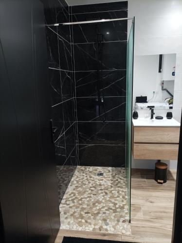 La salle de bains est pourvue d'une douche avec une porte en verre. dans l'établissement Loft sauna jacuzzi ospariegeois, à Lavelanet