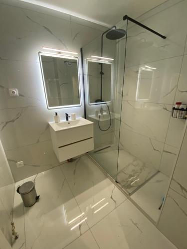 La salle de bains blanche est pourvue d'un lavabo et d'une douche. dans l'établissement Appartement avec belle vue et place de parking, à Annemasse