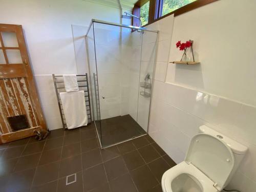 a bathroom with a toilet and a glass shower at The Barn, Bowral in Bowral