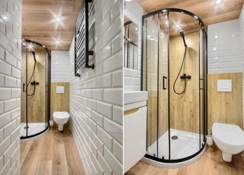een badkamer met een douche en een toilet bij Studio Mini Apart 6.3 - ACCO RENT in Gdańsk
