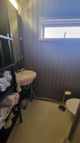 a bathroom with a sink and a toilet and a window at Vörðufell Country Cabin in Selfoss