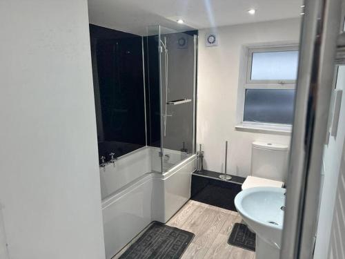 a bathroom with a shower and a toilet and a sink at Abacus House in Huntingdon