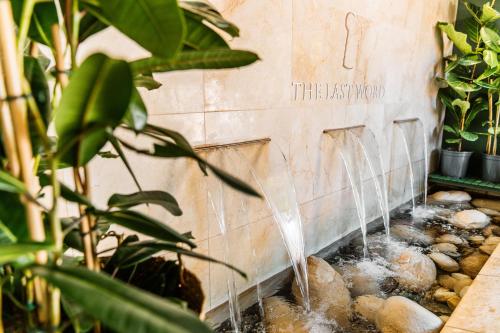 a water fountain in a wall with plants at Last Word Constantia in Cape Town