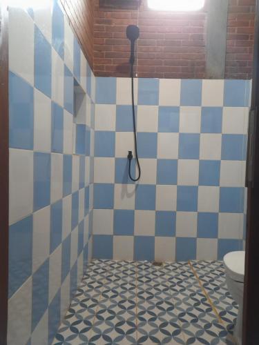 a bathroom with a shower with blue and white tiles at Krobyongan staycation kalaras in Karanganyar