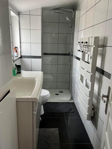 une salle de bain avec un lavabo, des toilettes et une douche dans l'établissement L'Ostréa, maison avec jardin à 200m de la mer-wifi, à Saint-Côme-de-Fresné