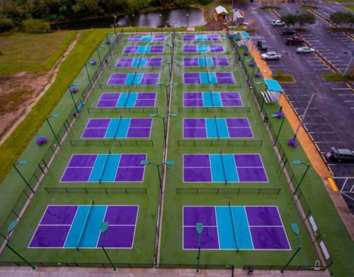an overhead view of a large arrays of solar panels at Waterfront Condo #7 in Punta Gorda