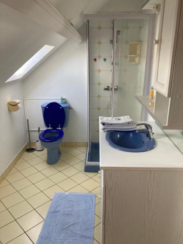 uma casa de banho com um WC azul e um lavatório. em Chez Bernard pavillon proche Disneyland et Paris em Coulommiers