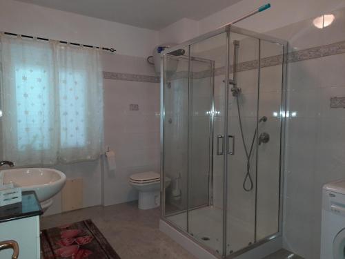 a bathroom with a shower and a toilet and a sink at DESULO casa vacanze in Desulo
