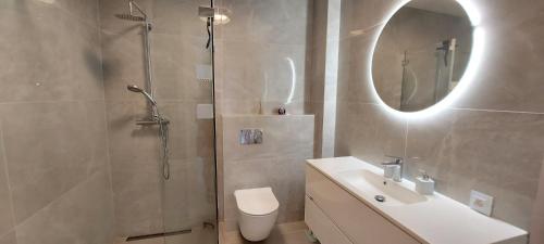 a bathroom with a shower and a sink and a mirror at APARTAMENT NIEBIESKA FALA in Rowy