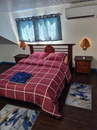 Schlafzimmer mit einem Bett mit einer roten karierten Bettdecke in der Unterkunft Résidence JB in Sinnamary