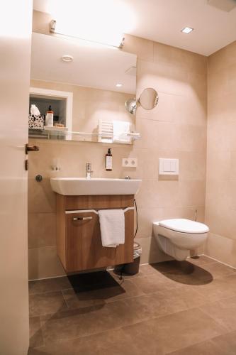 a bathroom with a sink and a toilet at Hotel Hofwirt Neubeuern in Neubeuern