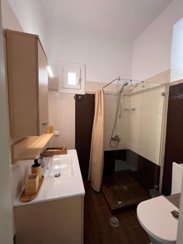 a bathroom with a sink and a shower and a toilet at Marianna's Studio in Tinos