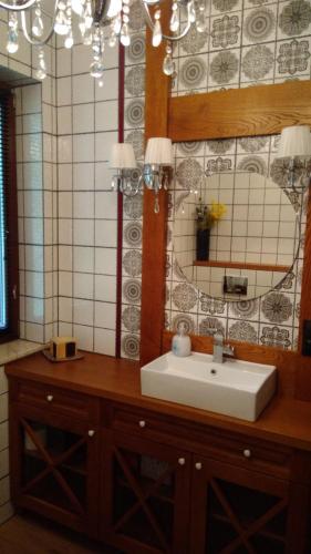 a bathroom with a sink and a mirror at Cztery Pory Lasu in Silna Nowa