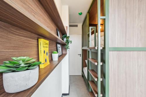 a hallway of a house with a plant at JOST Auberge de Jeunesse Montpellier Centre St Roch in Montpellier