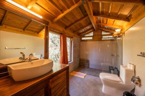 a bathroom with a sink and a toilet at Binsar Forest Retreat in Binsar