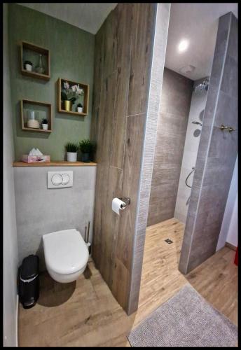 La salle de bains est pourvue d'une douche et de toilettes. dans l'établissement Chambre proche Puy du fou entrée indépendante, Encas du matin Offert, à Bazoges-en-Paillers