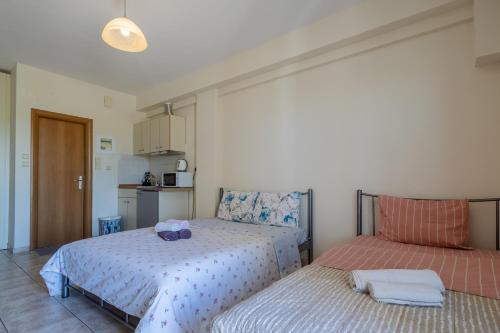 a bedroom with two beds and a kitchen at Elia mini suites 7 in Larisa