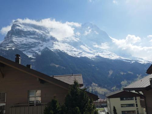 une montagne enneigée au fond d'une ville dans l'établissement Apartment Résidence Sans Souci by Interhome, à Grindelwald