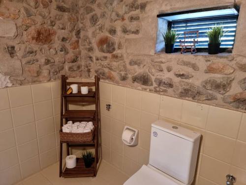 a bathroom with a toilet and a stone wall at Petra kai Elia in Oitylo