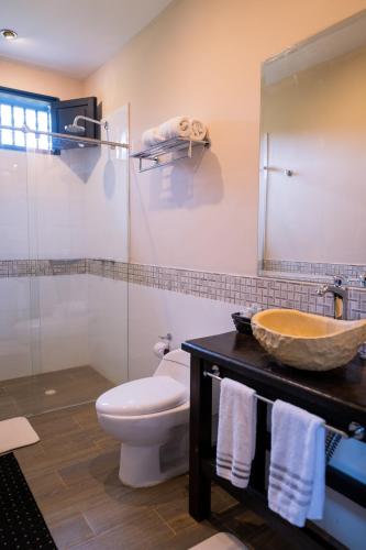 a bathroom with a toilet and a sink and a mirror at Hotel Hacienda Supracafe in Popayan