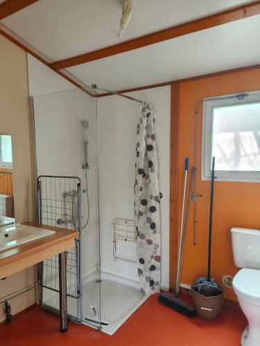 une salle de bain avec toilettes et lavabo dans l'établissement Camping Onlycamp Les Deux Rives, à Lannion