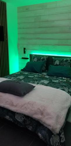 1 dormitorio con 1 cama con luz verde en La terrasse des volcans, en Saint-Genès-Champanelle