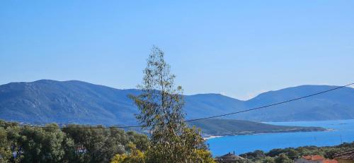 Elle offre une vue sur un lac et les montagnes avec un arbre. dans l'établissement Mini villa T2 climatisée, vue mer, cosy & moderne, à Olmeto