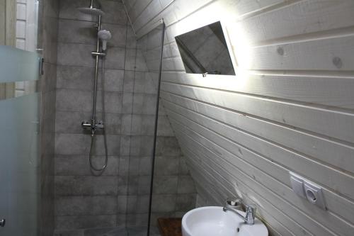 a bathroom with a sink and a shower at Soul House in Pilipets