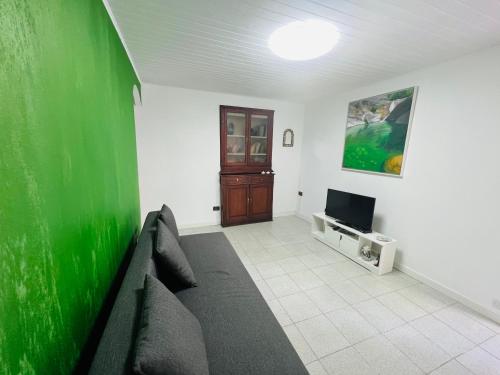 a living room with a couch and a green wall at CASA BARBARA in Ventimiglia
