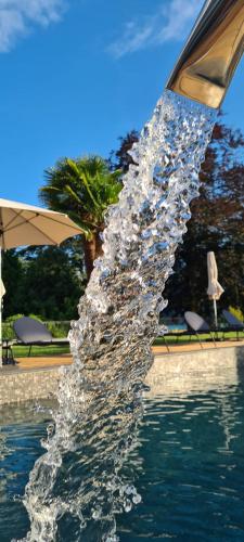 a water fountain in the middle of a pool at Hôtel Le Mouton Bleu in Talloires