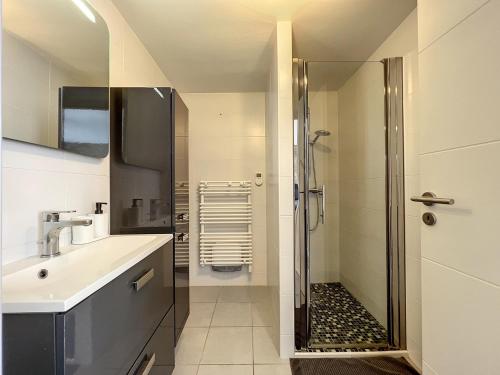 une salle de bain avec douche et lavabo dans l'établissement Appart T3 LE PATIO - avec terrasse, à Boujan-sur-Libron