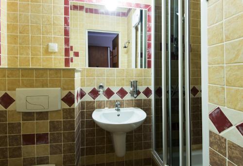 uma casa de banho com um lavatório e um espelho em Hotel Orion em Sosnowiec