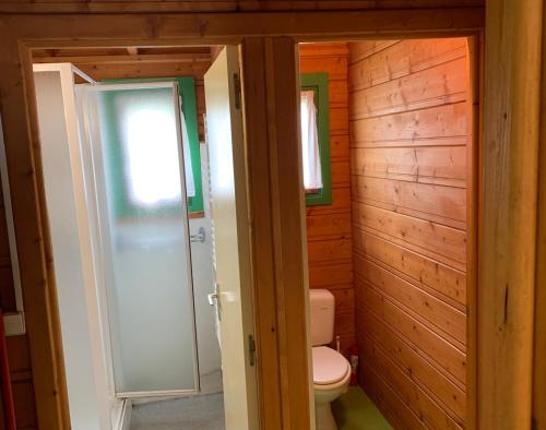 a small bathroom with a toilet and a door at Camping municipal de la Lande in Nexon