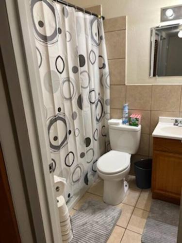 een badkamer met een toilet en een douchegordijn bij Minimalist Mansion in Shiloh