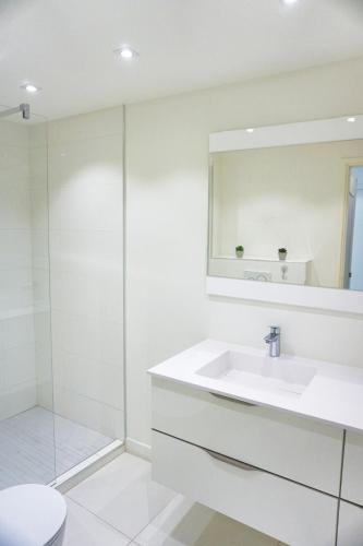 une salle de bain blanche avec un lavabo et une douche dans l'établissement Ref LEM4 - Palmes d'Or Properties, à Cannes