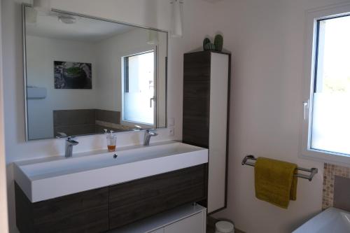 ein Badezimmer mit einem großen Waschbecken und einem Spiegel in der Unterkunft Home Family Cinema in Seclin