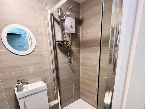 La salle de bains est pourvue d'une douche, de toilettes et d'un miroir. dans l'établissement Beach Court Ground Floor - Cosy Apartment with Sea Views, à Saundersfoot