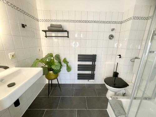 a bathroom with a toilet and a sink at City-Apartment nahe Zentrum in Schwerin