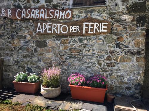 a stone wall with three potted plants and a sign at Casa Balsamo in Borzonasca