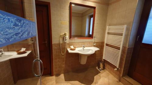 La salle de bains est pourvue d'un lavabo, d'un miroir et d'une douche. dans l'établissement Hotel Garden Club, à Braşov
