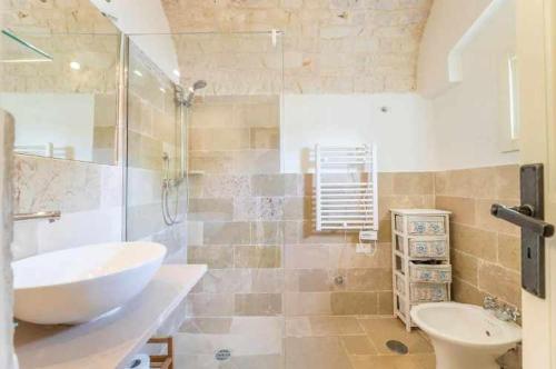 La salle de bains est pourvue d'un lavabo, de toilettes et d'une douche. dans l'établissement Casale dolina verde, à Ostuni