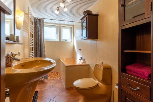 a bathroom with a sink and a toilet and a sink at Ferienhaus Hermine in Tönning
