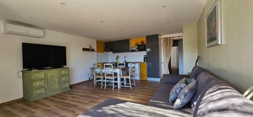 un salon avec un canapé et une télévision à écran plat dans l'établissement Mini villa T3 climatisée, vue mer, cosy & moderne, à Olmeto