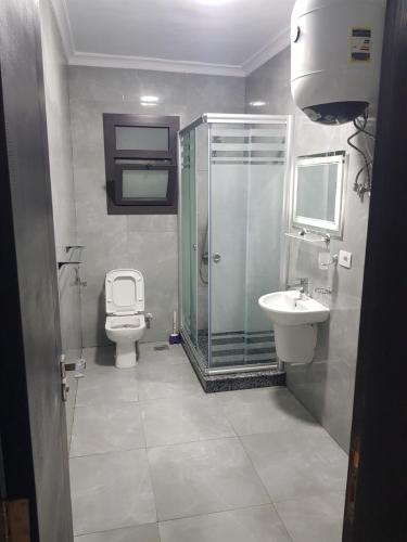 y baño con ducha, aseo y lavamanos. en Porto said بورتوسعيد غرفتين وصاله, en Puerto Saíd