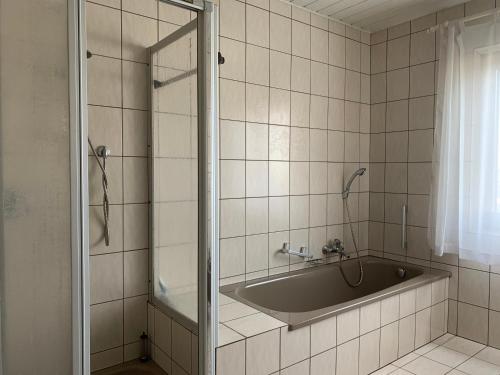 de Vinkenborg nabij Winterberg في وينتربرغ: حوض استحمام في حمام مزين بالبلاط مع دش