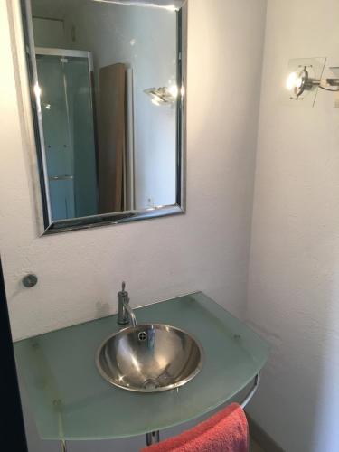 La salle de bains est pourvue d'un lavabo et d'un miroir. dans l'établissement Studio à la campagne, à Bouloire