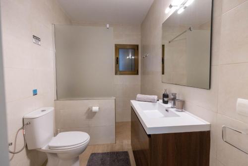 a bathroom with a toilet and a sink and a mirror at Villa Carvi in San Antonio Bay