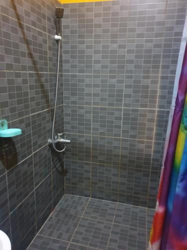 W łazience znajduje się prysznic z szarymi kafelkami. w obiekcie Villa Pte Aux Piments w mieście Pamplemousses Village