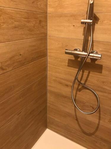 La salle de bains est pourvue d'un tuyau fixé à un mur en bois. dans l'établissement Saint Raphaël plage et centre ville 10 mn à pied, à Saint-Raphaël